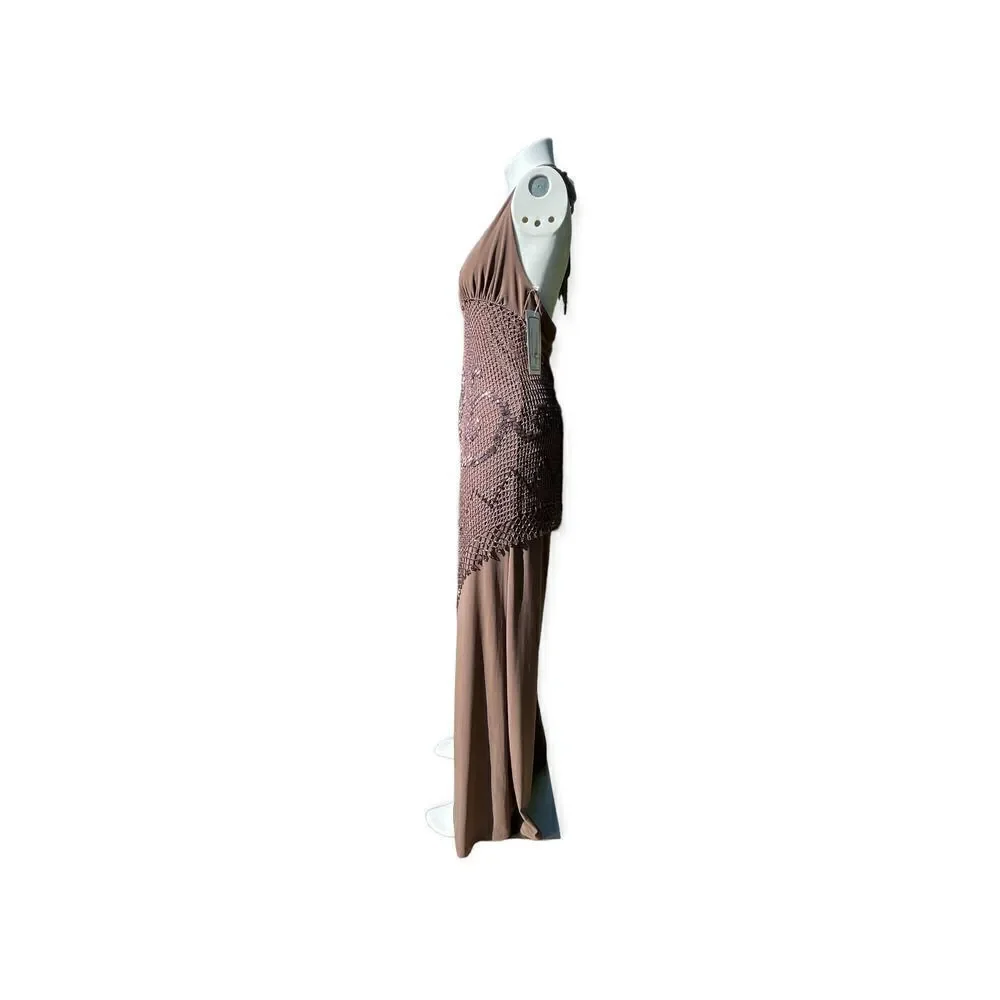 Janine Beaded Halter Jumpsuit Bronze Formal Evening Wide Leg Size L NWT